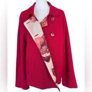 Talbots 100% Merino Wool Red Knit Floral Lined Button Sweater Jacket Size Large